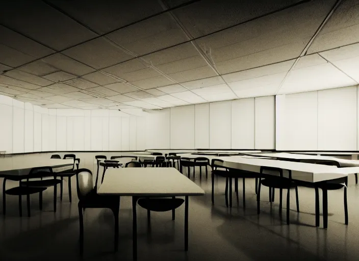 Image similar to cinematic photograph of a large white empty breakroom, retrofuturist liminal space, hundreds of old faux wood tables, crt tv mounted, trypophobia architecture, familiar place, clean, black mold, warm light, amateur, soft vintage glow, unreal engine, photorealistic, trending on artstation