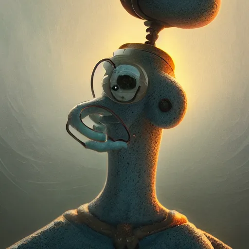 Prompt: squidward as a elden ring boss by Mike Winkelmann