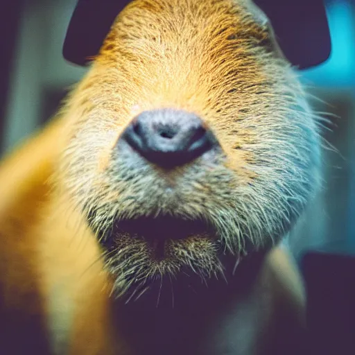 Image similar to a beautiful photo of a capybara chews on a nvidia gpu, eats an rtx 1 0 8 0 graphic card, wildlife photography, kodak gold 2 0 0, depth of field, f / 2 2, neon lamp, volumetric lighting, award - winning photo