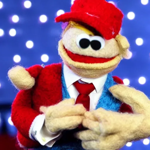 Prompt: close up of donald trump muppet, puppet, wool, dslr photo