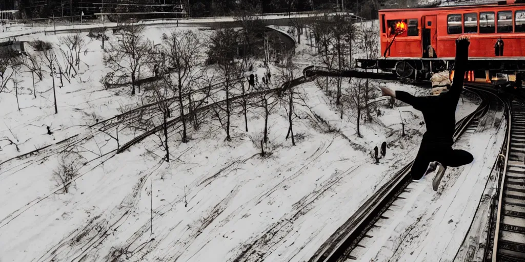 Prompt: a wide shot angle photography of a person jumping into a moving train