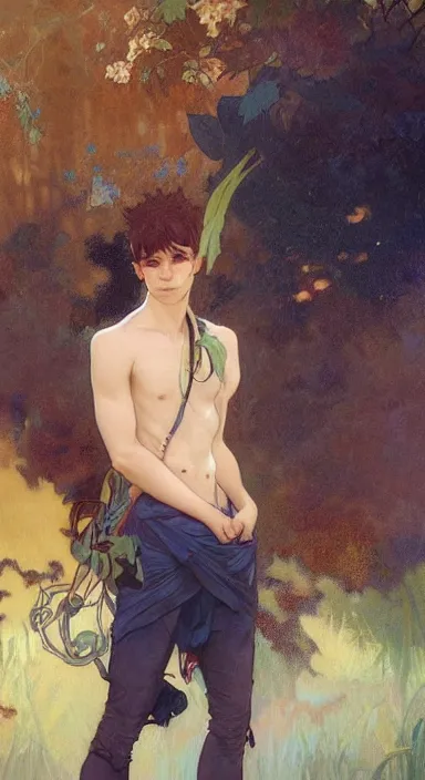 Image similar to Full body portrait of a cute catboy in his twenties. Award-winning digital art, trending on ArtStation. Art by Greg Rutkowski and Alphonse Mucha