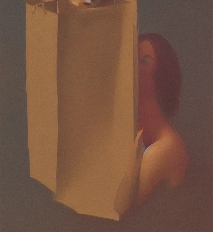 Prompt: woman kissing through paper bag, exposed back, artstation, art by, , edward hopper, Zdzislaw Beksinski, highly detailed