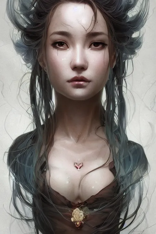 Image similar to character bust portrait, zero gravity floating in the wind, a seductive praying goddess in the style of artgerm, wlop, greg rutkowski, alphonse mucha and ayami kojima, realistic details, volumetric lighting, very very very very beautiful symmetrical face, trending on artstation, artstationhd, artstationhq, unreal engine, 4 k, 8 k