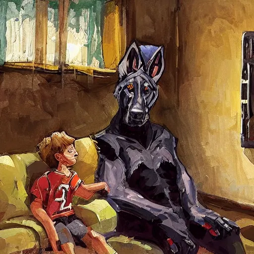 Image similar to a humanoid german shepherd beast - man, sitting and watching a soccer match in his house on television, he has hurt his knee and is a dad, by erin hanson, alexi zaitsev, karl spitzweg, award winning, tv set