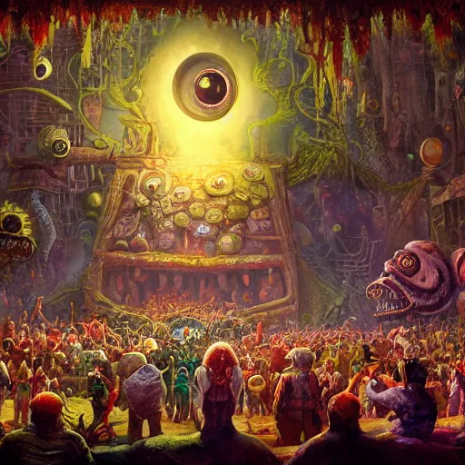 Prompt: assembled crowds worship their terrifying new floating god covered with pustules and eyeballs, on ancient post - apocalyptic planet, jim henson creature shop, vivid and colorful, thomas kincaid, cinematic, oil painting, highly detailed, illustration