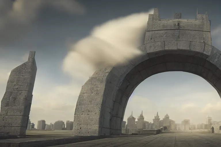 Prompt: giang roundgate made out of clouds in the sky, big concrete throne in the middle, symmetrical, empty, gloomy, peaceful, extremely high detail, 8 k, unreal engine, photorealism, hyperrealism