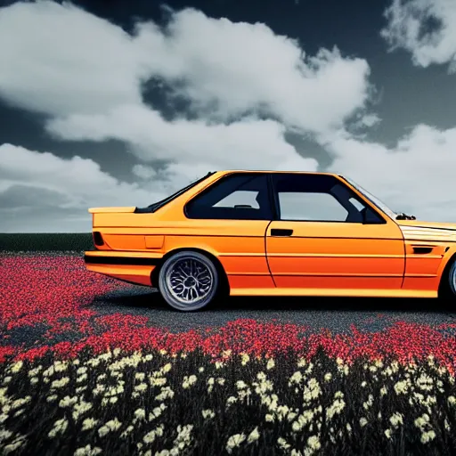 Prompt: blender render of orange bmw e 3 0 m 3 in a field of flowers, low angle shot