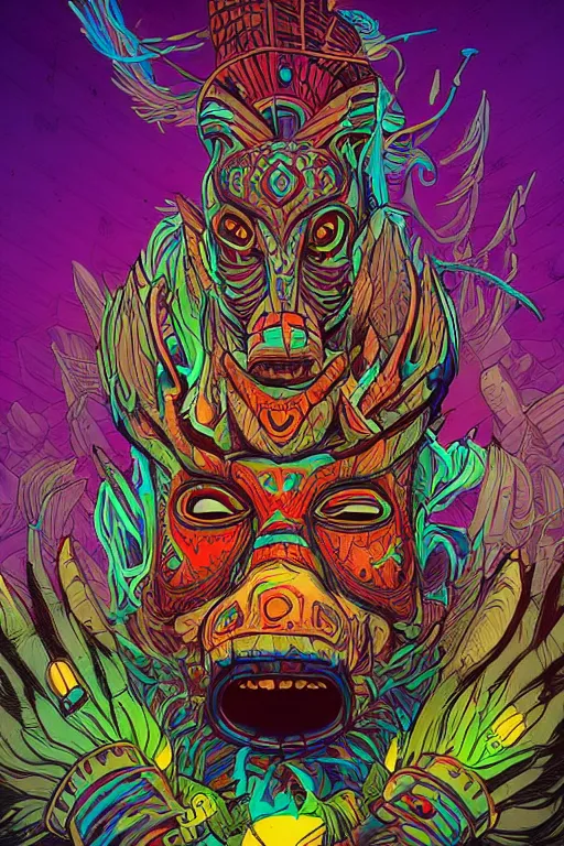 Image similar to totem animal tribal chaman vodoo mask feather gemstone plant wood rock video game illustration vivid color borderlands by josan gonzales and dan mumford radiating a glowing aura