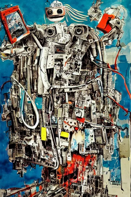 Image similar to a crazy ralph steadman painting of a robot reprogramming its head