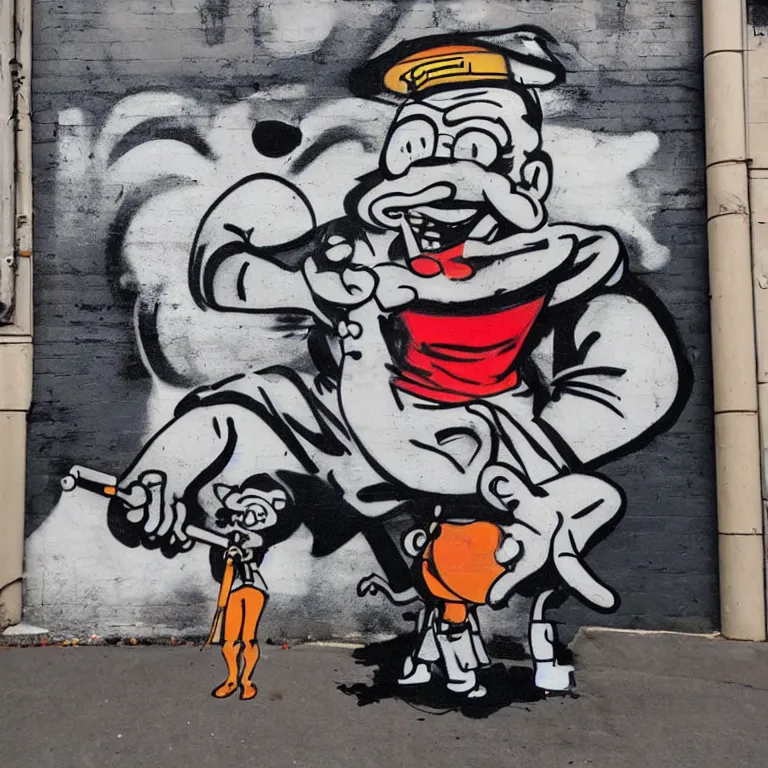 Image similar to Street-art portrait of Popeye the Sailor with the squinting (or entirely missing) right eye, huge forearms with two anchor tattoos, skinny upper arms, and corncob pipe. in style of Banksy, comic character, photorealism