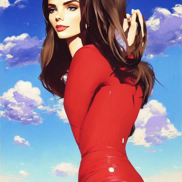 Image similar to full body portrait of a combination of Ashley Greene, Victoria Justice and Adriana Dxim, Grace Kelly and Lily Collins wearing a Plugsuit from Neon Genesis Evangelion, countryside, calm, fantasy character portrait, dynamic pose, above view, sunny day, thunder clouds in the sky, artwork by Jeremy Lipkin and Giuseppe Dangelico Pino and Michael Garmash and Rob Rey and Greg Manchess and Huang Guangjian, very coherent asymmetrical artwork, sharp edges, perfect face, simple form, 100mm