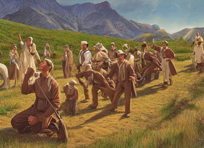 Image similar to mormon pioneers, highly detailed, kitamura