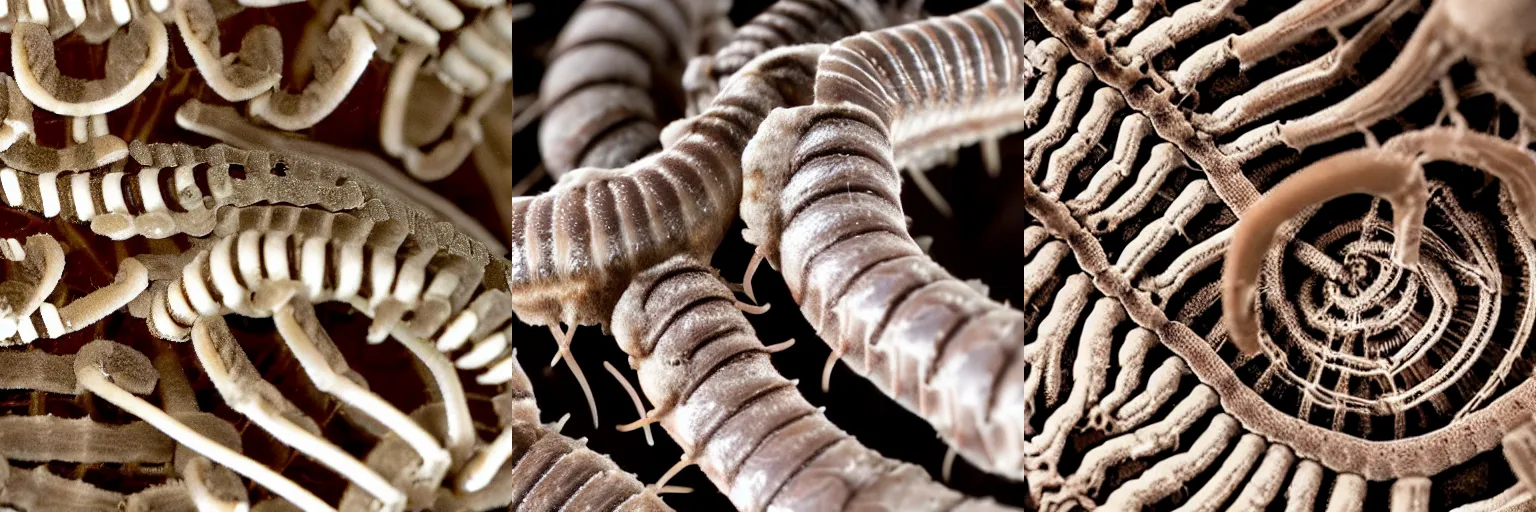 Prompt: Brown millipedes walking through a skeleton skull, creepy horror