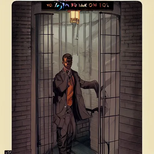 Prompt: dark prison cell with bars digital art, digital paiting, overcoat art by JC Leyendecker and sachin teng