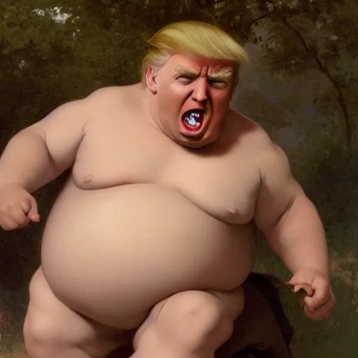 Prompt: Painting of angry Donald Trump as a troll in diapers. Old. Unhappy. Very Fat. Art by william adolphe bouguereau. Very very very very very very much detailed. 4K. Award winning.