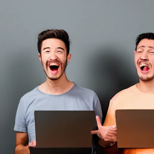 Image similar to several guys typing on keyboard while laughing very hard, mouth wide open tsticking tongues out, studio light, grey background, centered, photorealsitic