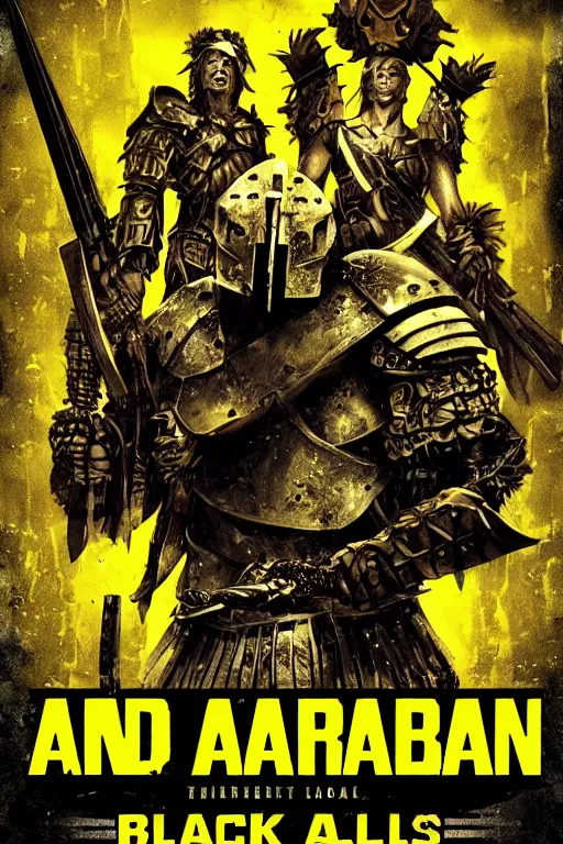 Prompt: an armored barbarian, loaded with weapons and animal skulls, horror sci - fi black and yellow poster