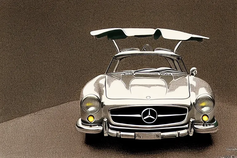 Prompt: intricate, 3 d, 1 9 5 5 mercedes 5 0 0 sl, style by caspar david friedrich and wayne barlowe and ted nasmith.