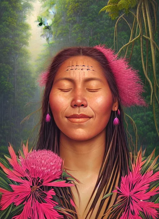 Prompt: a beautiful portrait of a smiling indigenous woman with eyes closed in the amazon jungle surrounded by pink calliandra angustifolia flowers, matte painting, by christophe vacher