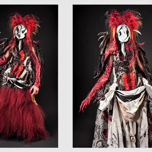 Image similar to a photography of a costume of a demonic creature with big painted eyes and a dragon mouth, with lots of long hairs and wearing multiple layers of fabrics with patterns by charles freger