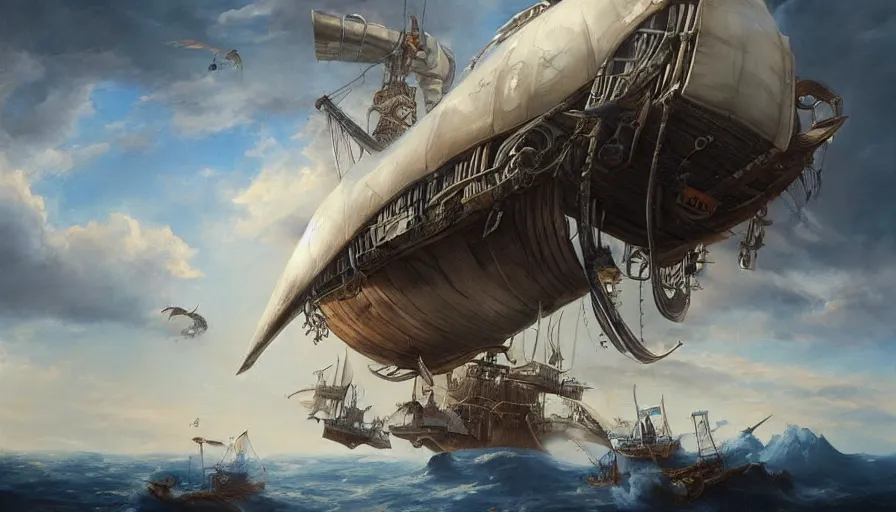 Image similar to a large pirate airship flying among the clouds, soaring through the sky, airship, realist painting, pirate, beautiful, highly detailed, trending on art station