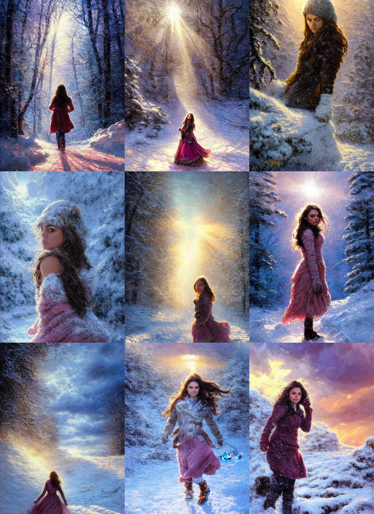 Prompt: epic portrait of Mila Kunis walking through deep snow, sun rays through snow, pink golden hour, cold stormy wind, intricate, highly detailed, shallow depth of field, epic vista, Ralph Horsley, Daniel F. Gerhartz, Artgerm, Boris Villajo, Lilia Alvarado