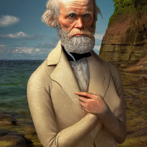 Prompt: charles darwin in a women's bikini realistic 8 k hdr photograph