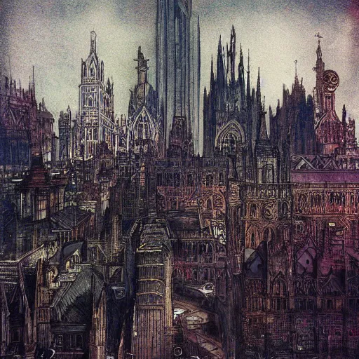 Prompt: A beautiful painting of a cityscape. The different colors and shapes represent different parts of the city. daguerreotype, bismuth by Chris Mars, by Arthur Rackham Trending on artstation, vfx