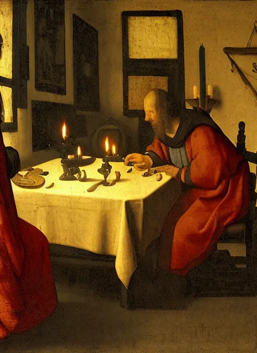 Image similar to a candlelit table at the inn, evening, dark room, two young people sitting at the table, swirling smoke, dark smoke, realistic, in the style of leonardo da vinci, dutch golden age, amsterdam, medieval painting by jan van eyck, johannes vermeer, florence