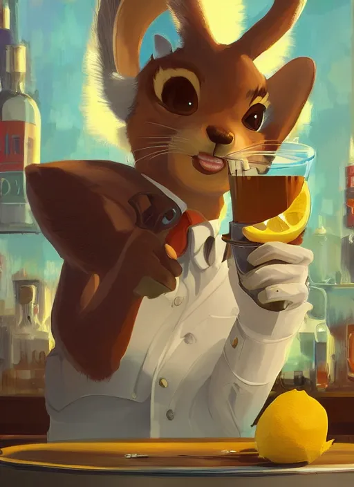 Prompt: squirrel anthro as a dapper bartender with a big, fluffy tail, retro futurism, art deco, detailed, painterly digital art by WLOP and Cory Loftis, 🍸🍋, furaffinity, trending on artstation