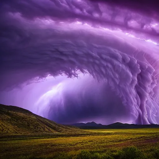 Prompt: amazing photo of a purple clouds in the shape of a tornado by marc adamus, digital art, beautiful dramatic lighting