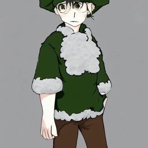 Image similar to boy wearing sheep suit. white, gray, blue, green and brown pallet color. made in abyss art style, inspired in chris from deltarrune, high details