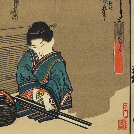 Image similar to japanese woodblock print of a vacuum cleaner