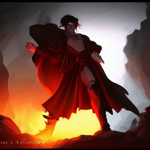 Prompt: low angle, wide shot, Zagreus back to camera, facing Hades, in the river Styx, dramatic lighting, cinematic, trending on art station.