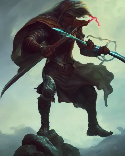 Image similar to action portrait of a magic knight fighting while casting spells with his swords, 4K trending on artstation by peter mohrbacher