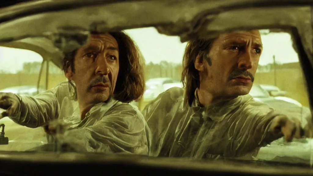 Image similar to the creature sells a used car, made of wax and water, film still from the movie directed by Denis Villeneuve with art direction by Salvador Dalí, wide lens