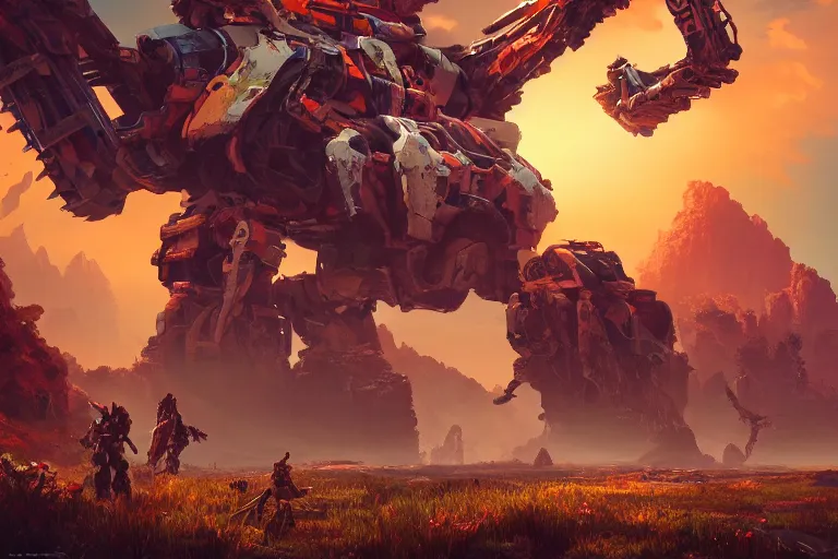 Image similar to rockbreaker machine mecanical creature robot of horizon forbidden west horizon zero dawn radiating a glowing aura global illumination ray tracing hdr fanart arstation by ian pesty and alena aenami artworks in 4 k