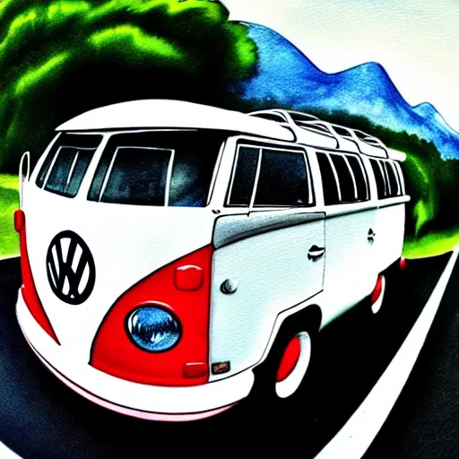 Image similar to fisheye perspective caricature watercolor painting of a vw volkswagen bus, bulli, type - 2, microbus, kombi from pixars cars with eyes instead of a windshield flying towards the camera, jumping at the viewer doors fully open, luggage in the air, dynamic action shot, fish eye lense, frontal, huge vulcano is seen in the background