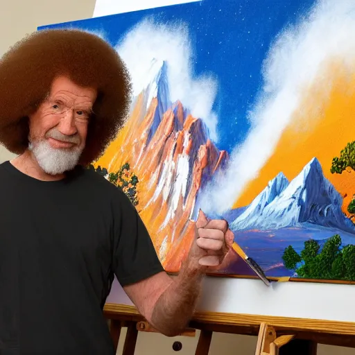 Prompt: a closeup photorealistic photograph of bob ross at his studio. bob is working on a canvas painting of iron man flying. mountain scape. film still, vibrant colors. this 4 k hd image is trending on artstation, featured on behance, well - rendered, extra crisp, features intricate detail, epic composition and the style of unreal engine.