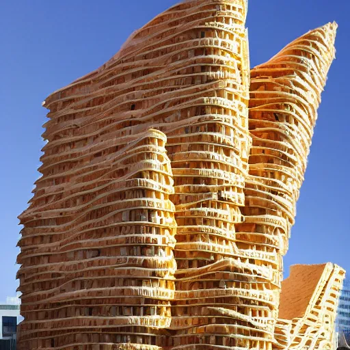 Prompt: a towering impressive building made of bread, cheese, and lunchmeat, designed by frank gehry