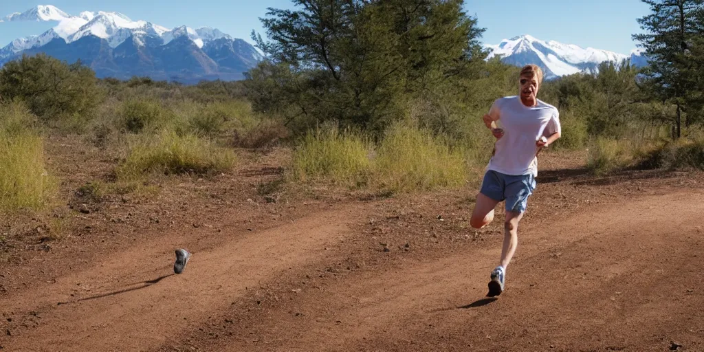 Prompt: tall white blond male running on a dirt trail with mountains in the background