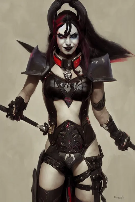 Image similar to portrait of dark eldar Harley Quinn in bikini armor, dc comics, cyberpunk, Warhammer 40000, dark fantasy, digital art from artstation by Ruan Jia and Mandy Jurgens and Artgerm and william-adolphe bouguereau