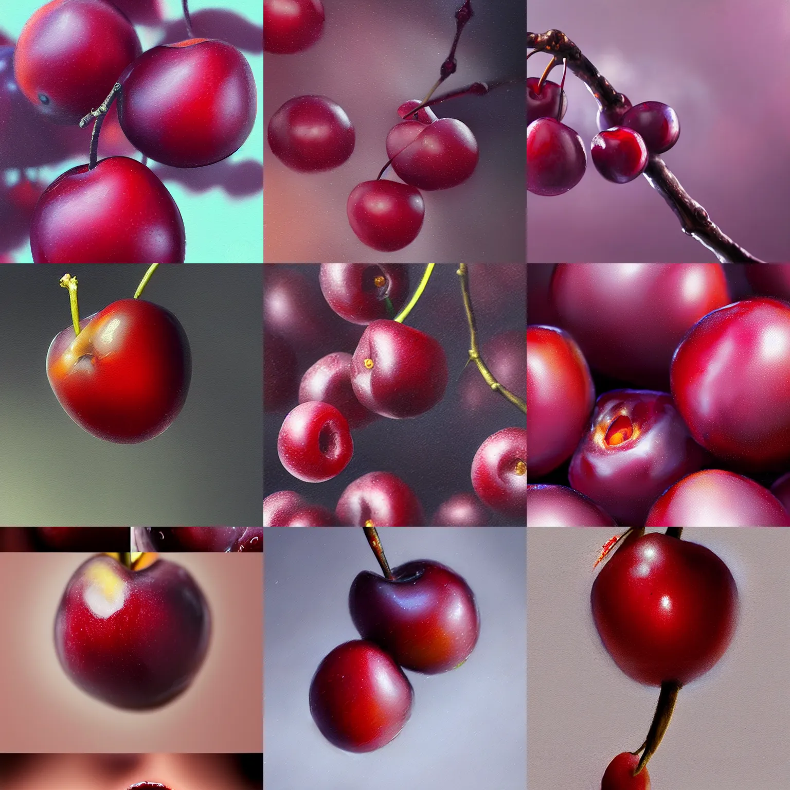 Prompt: beautiful aesthetic inspirational digital oil painting of a close - up cherry plum, by greg rutkowski, ultra detailed, fine details, trending on artstation, volumetric light.