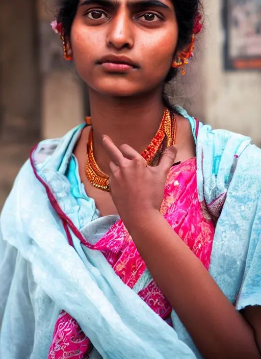 Prompt: portrait Mid-shot of an beautiful 20-year-old Indian woman, candid street portrait in the style of Martin Schoeller award winning