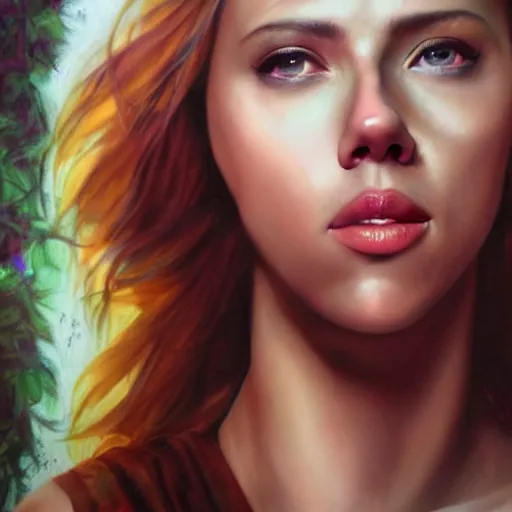 Image similar to hyper realistic candid portrait mixed media painting of beautiful Scarlett Johansson as a greek goddess, hyper detailed, realistic eyes, cinematic lighting, masterpiece