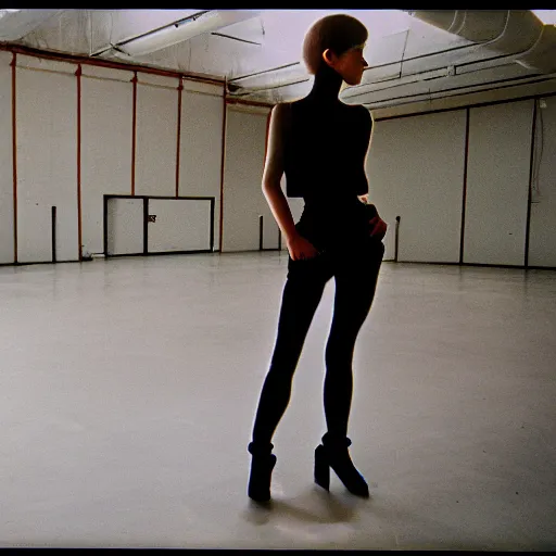 Image similar to empty warehouse room with a lone fashionable mannequin girlfriend in front of the camera cinestill 7 0's film