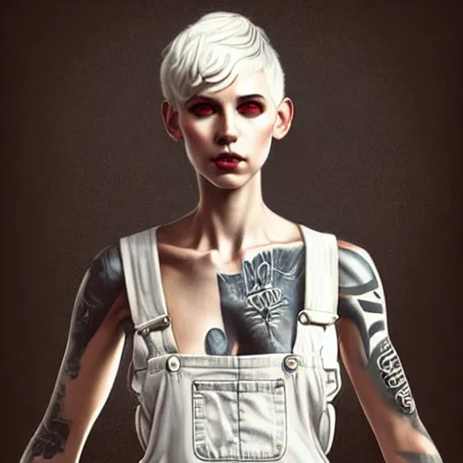 Image similar to full body pose, beautiful androgynous girl, white pixie cut hair, torn overalls, short shorts, combat boots, fishnets, beautiful, highly detailed face, true anatomy!, extremely detailed!, digital painting, unreal engine 5, art by tom bagshaw