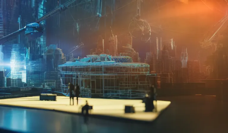 Image similar to group of people in simple warehouse, looking at hologram of futuristic city on a table, cinematic concept art, godrays, golden hour, natural sunlight, 4 k, clear details, tabletop model buildings, center model buildings, hologram center, crane shot, crane shot, crane shot