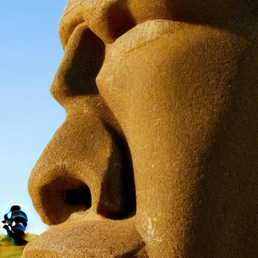 Prompt: a moai that looks like walter white, photograph, shot on easter isle, simple composition